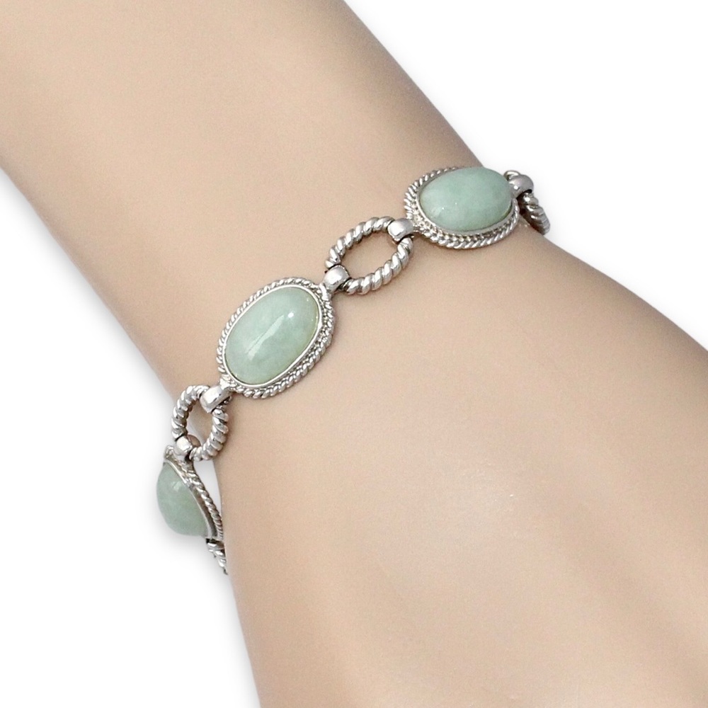 Estate Genuine Jade Sterling Silver Link Bracelet Light Green Oval Cabochon